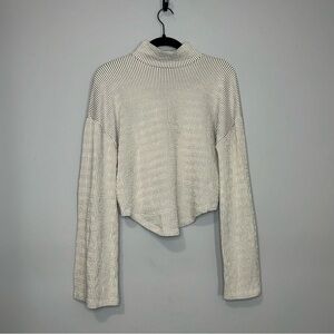 Free People Beach Striped Open Back Mock Neck Crop Top Grey‎ White Womens Medium